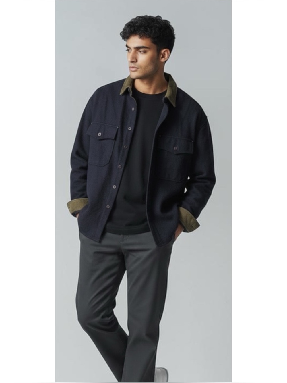 Vtg Men’s Navy Wool Blend Button Down Corduroy Collar& Cuffs Barn Jacket  Size L
